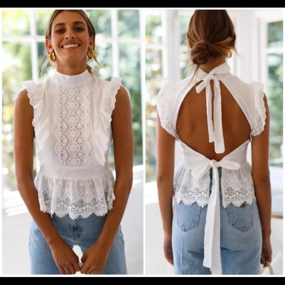 (Few left) Boho White lace backless sleeveless bow tie top - Picture 2 of 11